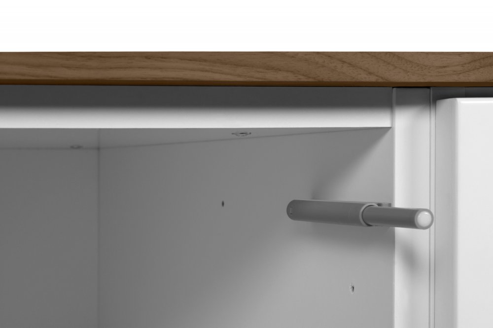 Buffet WHITY 2 blanc mat 180cm 2 portes/3 tiroirs Plateau en bois noyer avec pieds noir métal